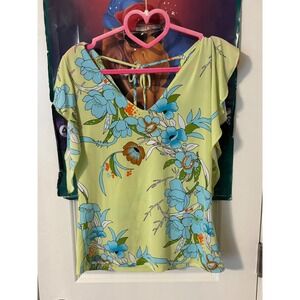 Rave Vintage Y2K Lime Green Blue Floral Flutter Sleeve V-Neck Tie Back Top